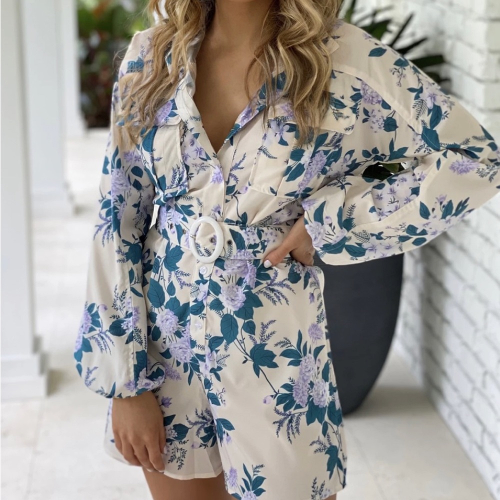 Pink Ripple Floral Belted Romper Size M but runs like S